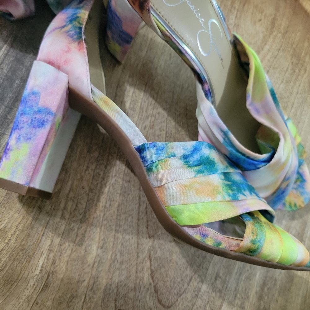 NEW Jessica Simpson Noelene 8 M Watercolor Pastel Color Heels Silky Ankle Strap - Picture 9 of 10